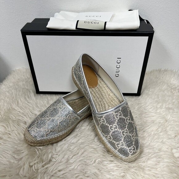 Gucci Espadrilles Heritage Logo Monogram Marmont GG Lame Silver Flat 38.5/39 - Picture 3 of 10